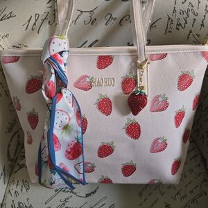 Pink Strawberry Print Tote Bag